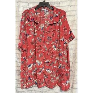 Only Necessities Blouse Shirt Tunic Top 3X Red Floral Short Sleeve Button Front
